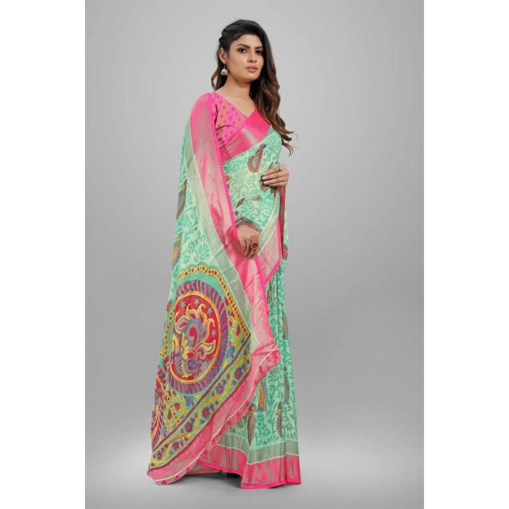 Clasymist Women's Viscose Rayon Printed Saree With Unstitched Blouse (Teal)