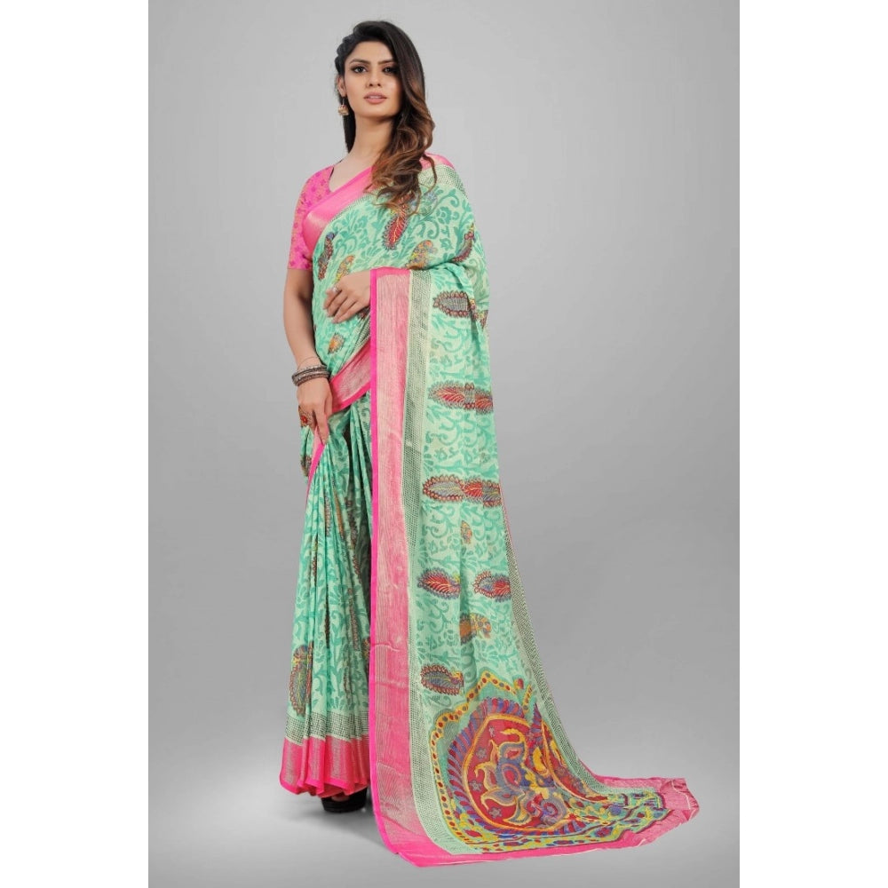 Clasymist Women's Viscose Rayon Printed Saree With Unstitched Blouse (Teal)