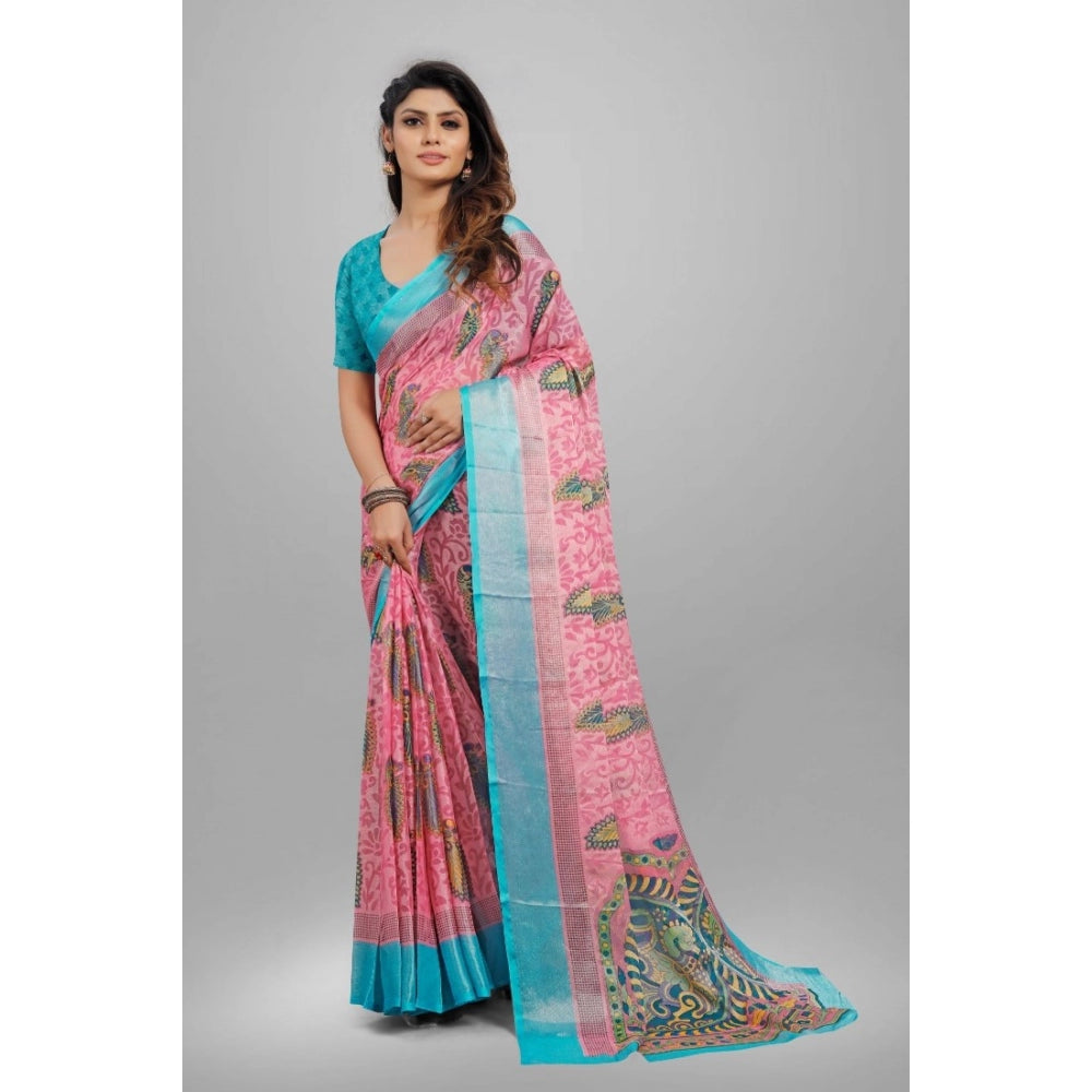 Clasymist Women's Viscose Rayon Printed Saree With Unstitched Blouse (Pink)