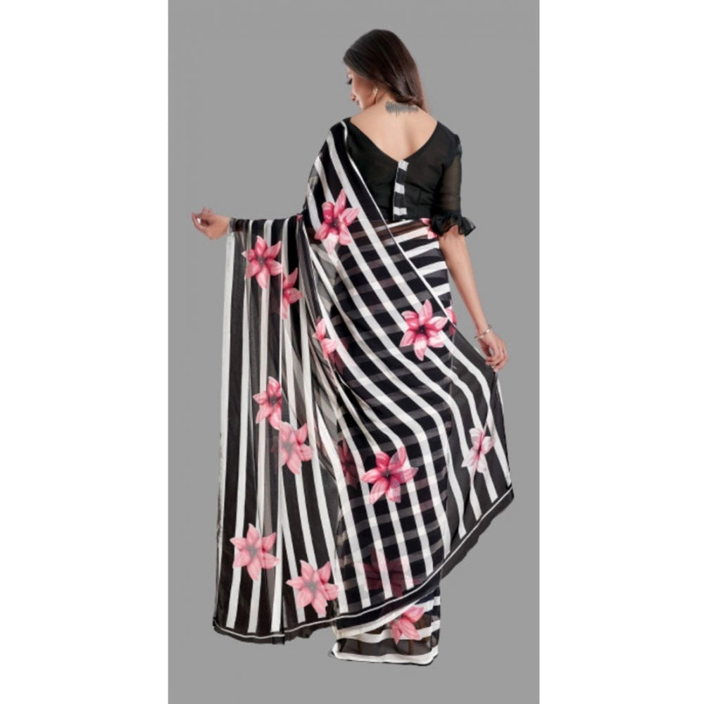 Clasymist Women's Georgette Printed Saree With Unstitched Blouse (Black)