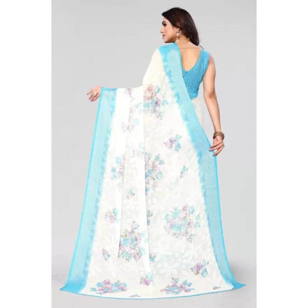 Clasymist Women's Viscose Rayon Printed Saree With Unstitched Blouse (Sky Blue)