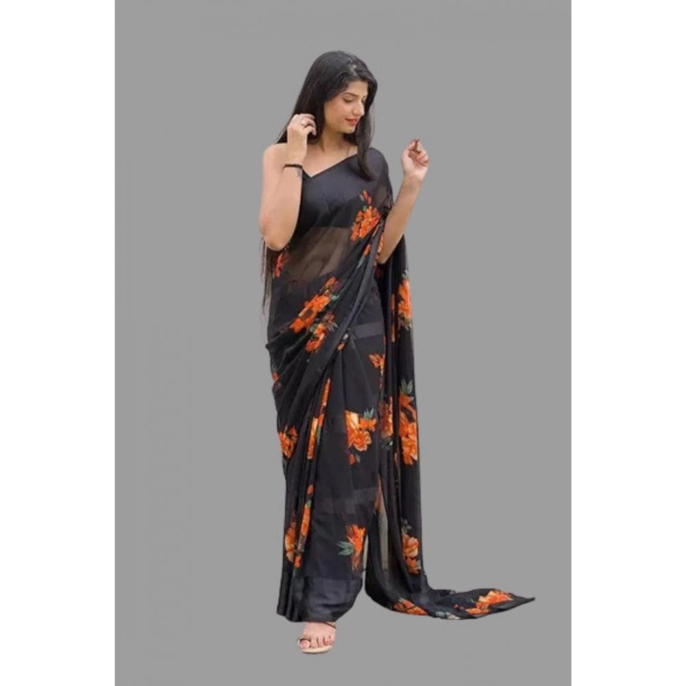 Clasymist Women's Satin Patta Printed Saree With Unstitched Blouse (Orange)