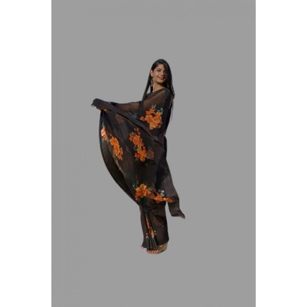 Clasymist Women's Satin Patta Printed Saree With Unstitched Blouse (Orange)