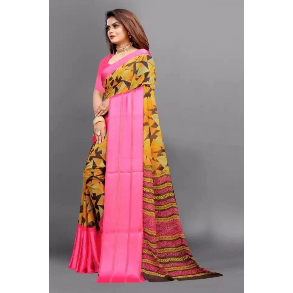 Clasymist Women's Satin Patta Printed Saree With Unstitched Blouse (Pink)