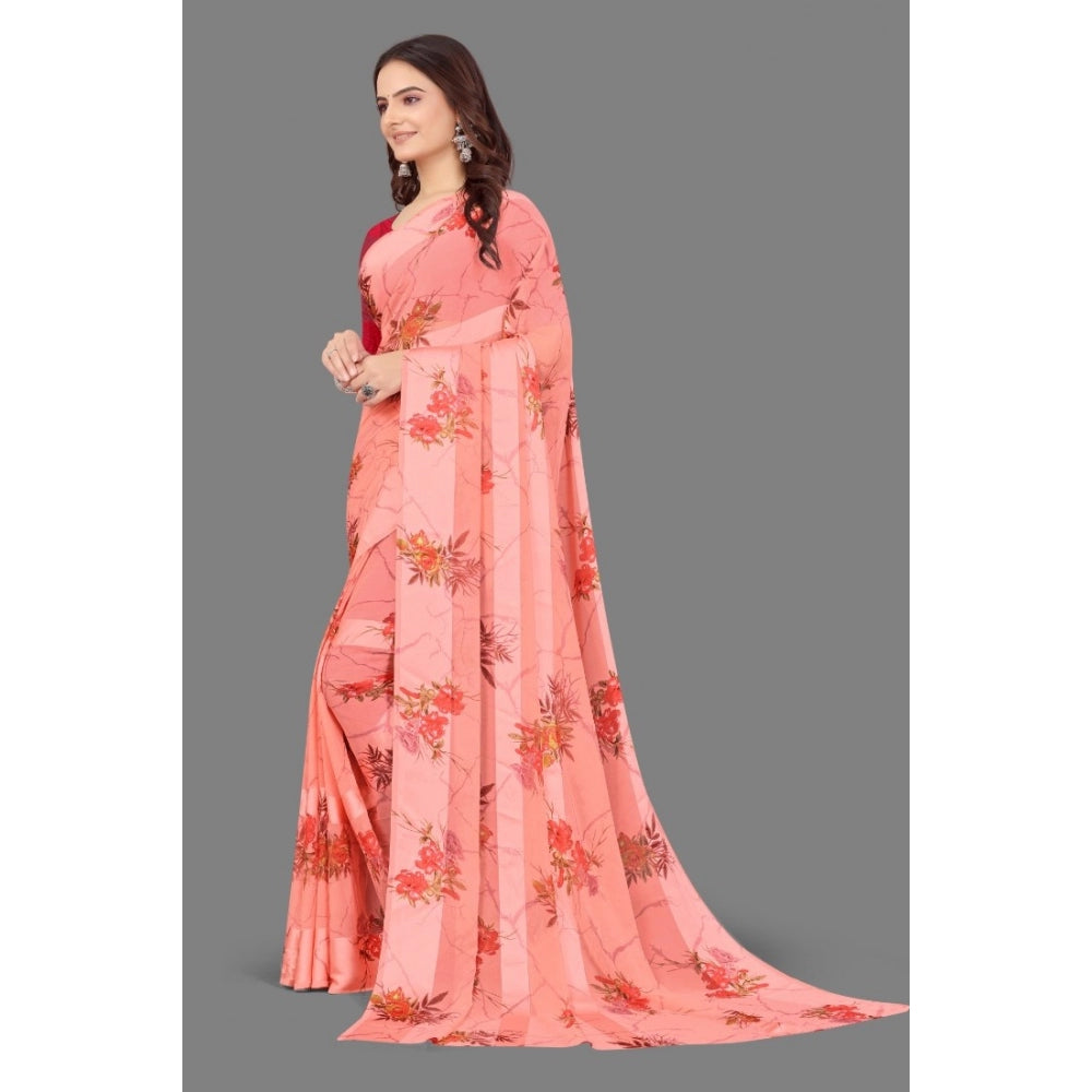 Clasymist Women's Satin Patta Printed Saree With Unstitched Blouse (Peach)