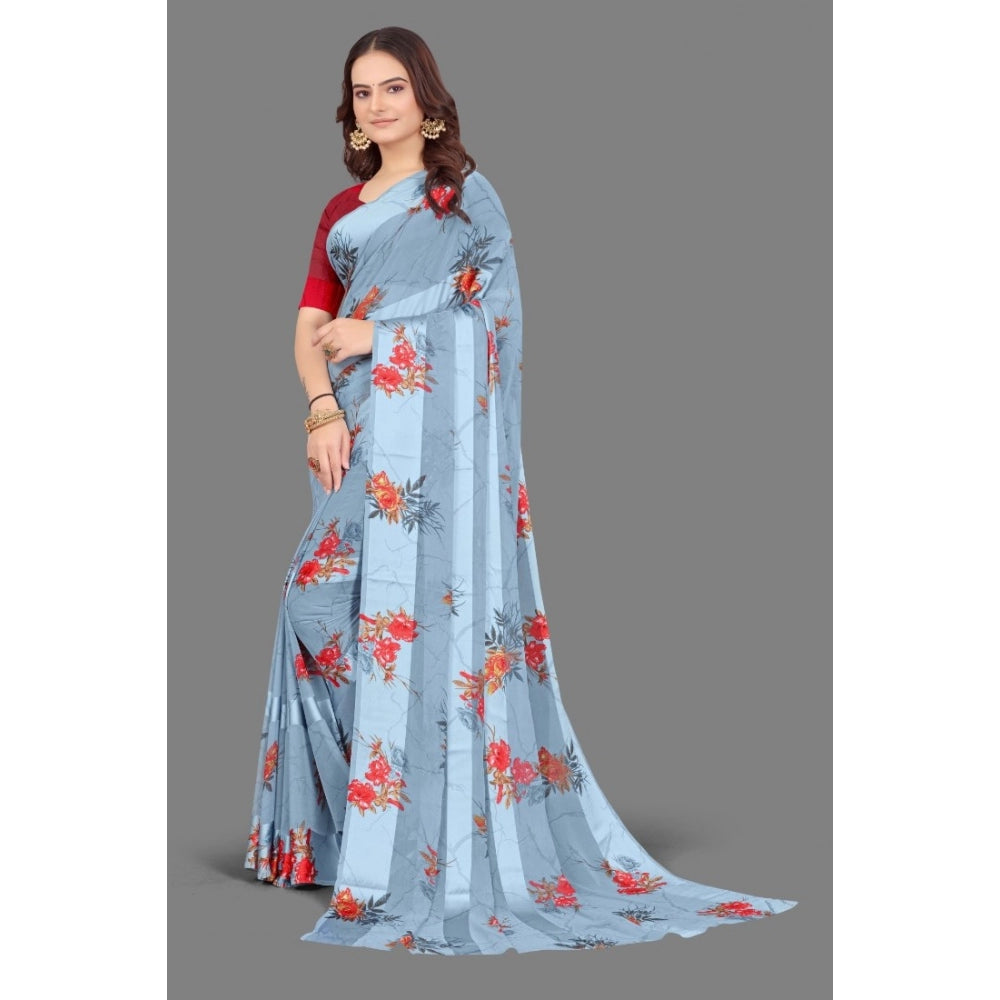 Clasymist Women's Satin Patta Printed Saree With Unstitched Blouse (Grey)