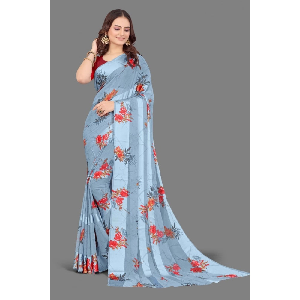 Clasymist Women's Satin Patta Printed Saree With Unstitched Blouse (Grey)