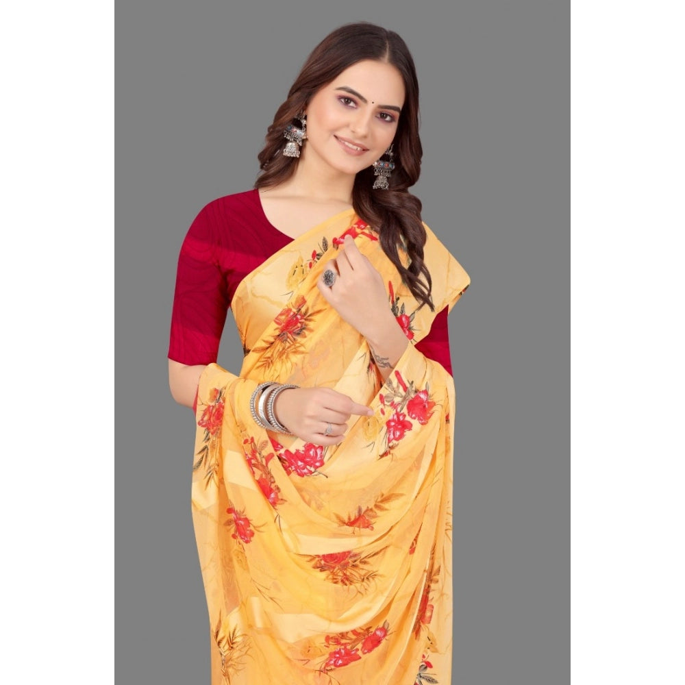 Clasymist Women's Satin Patta Printed Saree With Unstitched Blouse (Beige)