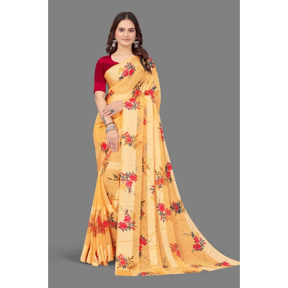 Clasymist Women's Satin Patta Printed Saree With Unstitched Blouse (Beige)