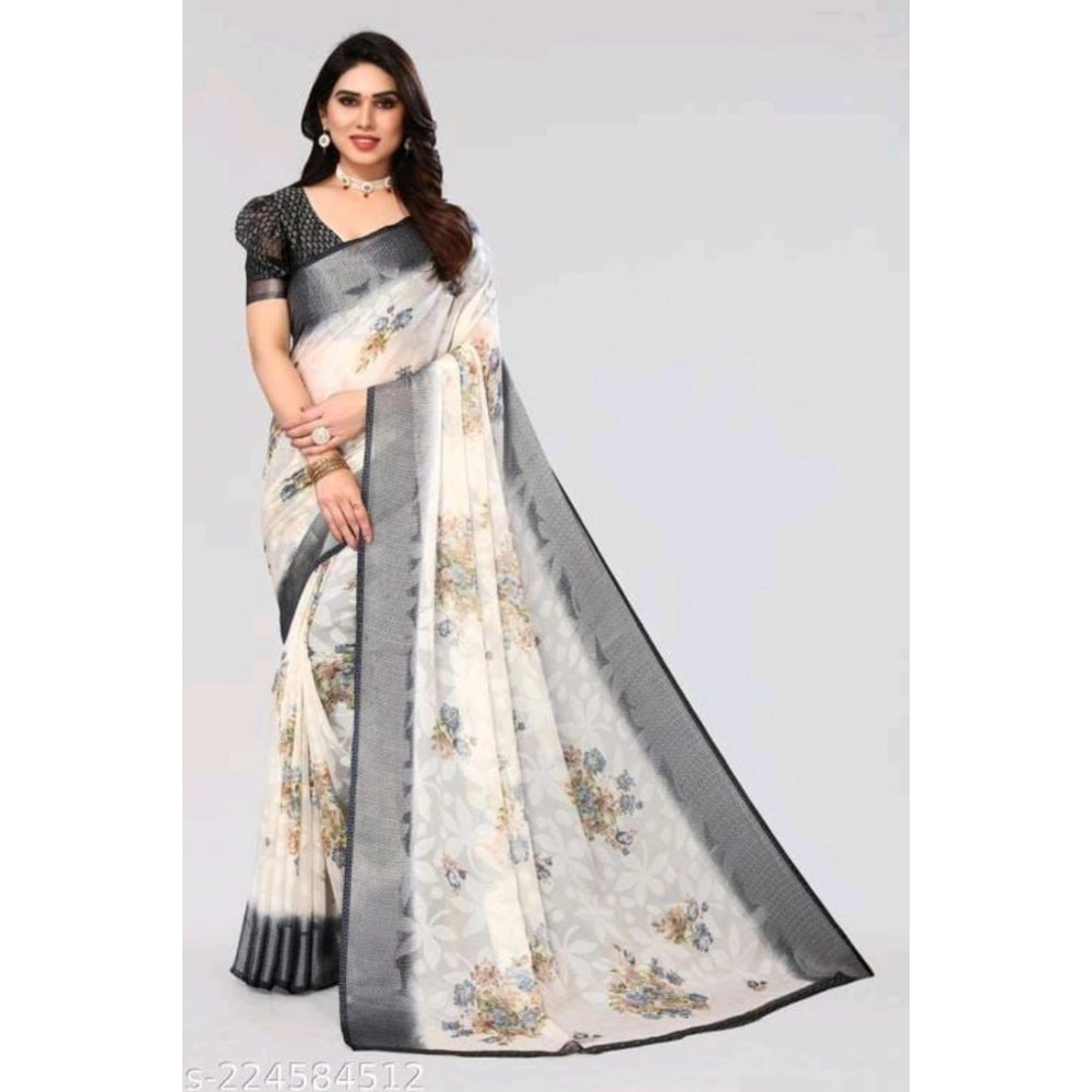 Clasymist Women's Viscose Rayon Printed Saree With Unstitched Blouse (Black)