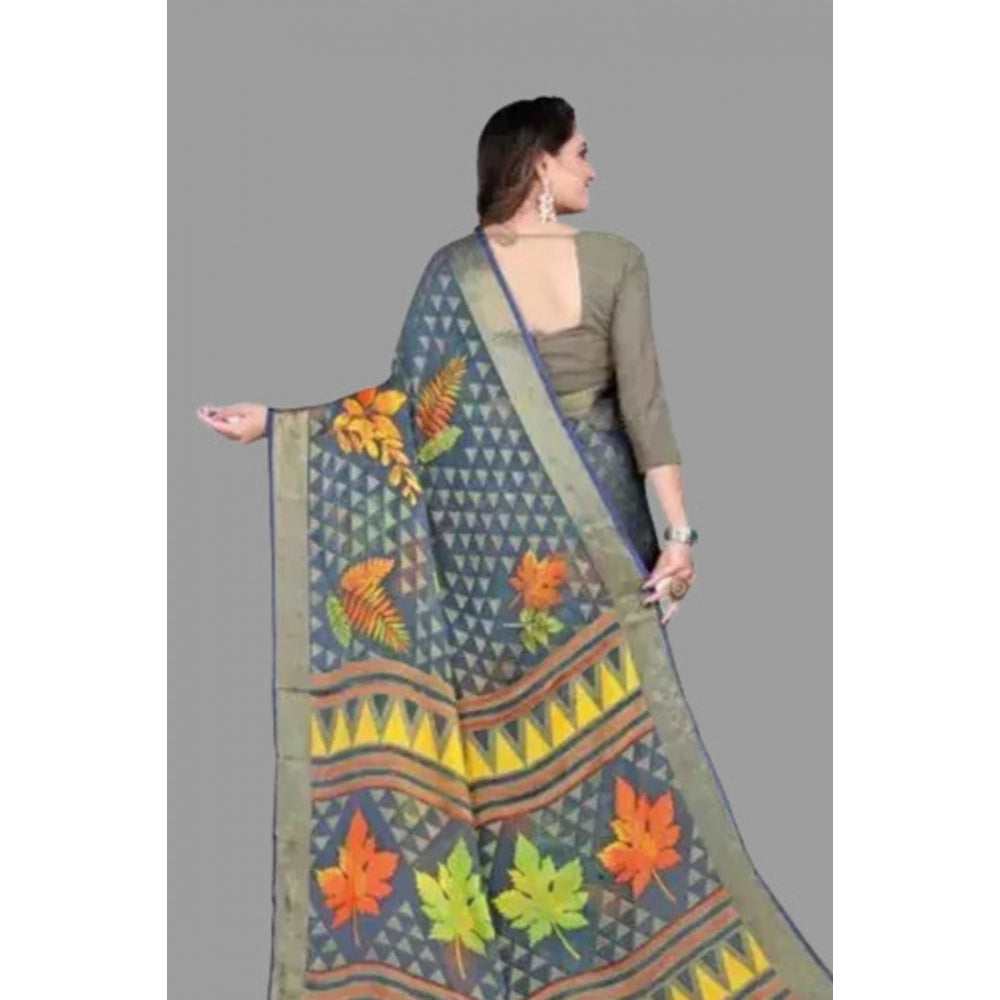 Clasymist Women's Viscose Rayon Printed Saree With Unstitched Blouse (Grey)