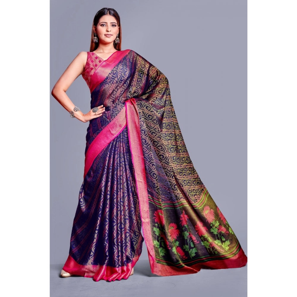 Clasymist Women's Viscose Rayon Printed Saree With Unstitched Blouse (Navy Blue)