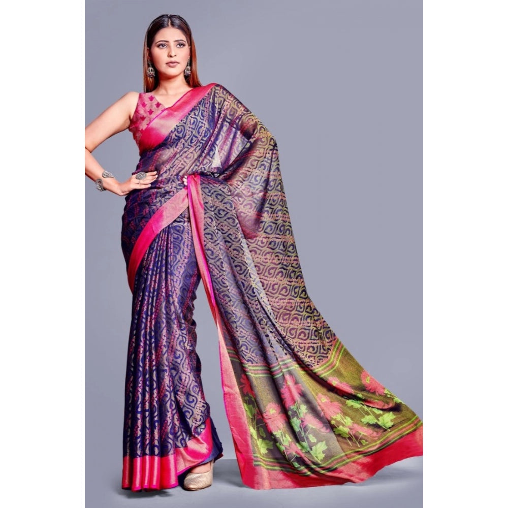 Clasymist Women's Viscose Rayon Printed Saree With Unstitched Blouse (Navy Blue)