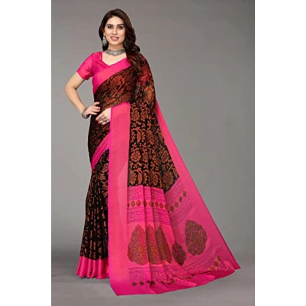 Clasymist Women's Viscose Rayon Printed Saree With Unstitched Blouse (Black)