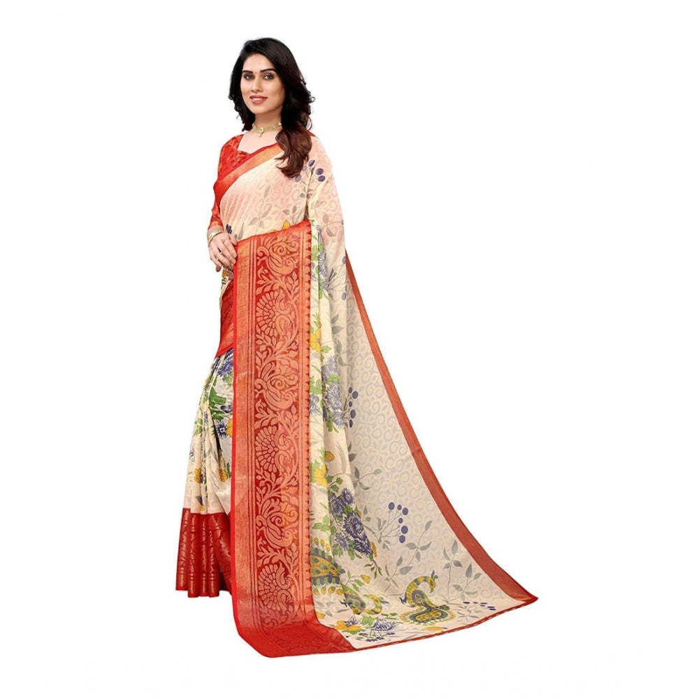 Clasymist Women's Viscose Rayon Printed Saree With Unstitched Blouse (Red)