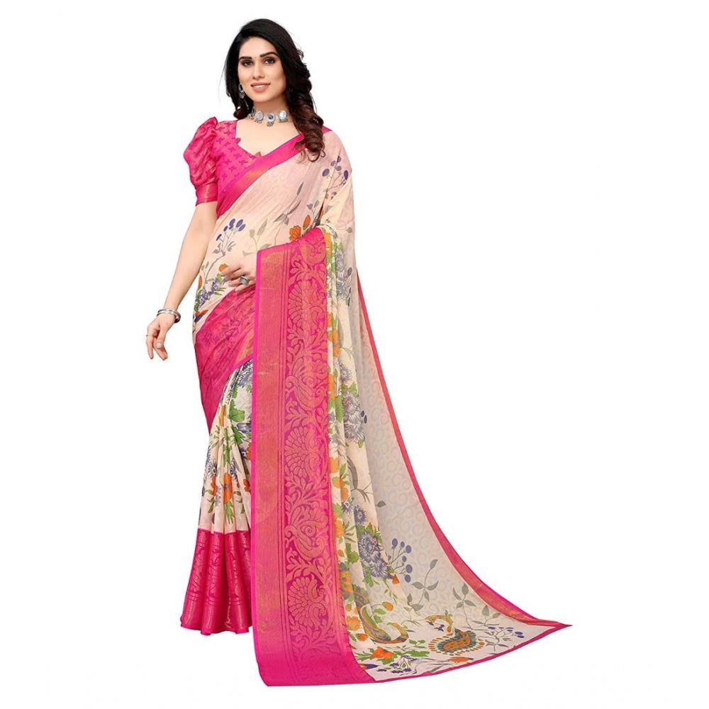 Clasymist Women's Viscose Rayon Printed Saree With Unstitched Blouse (Pink)