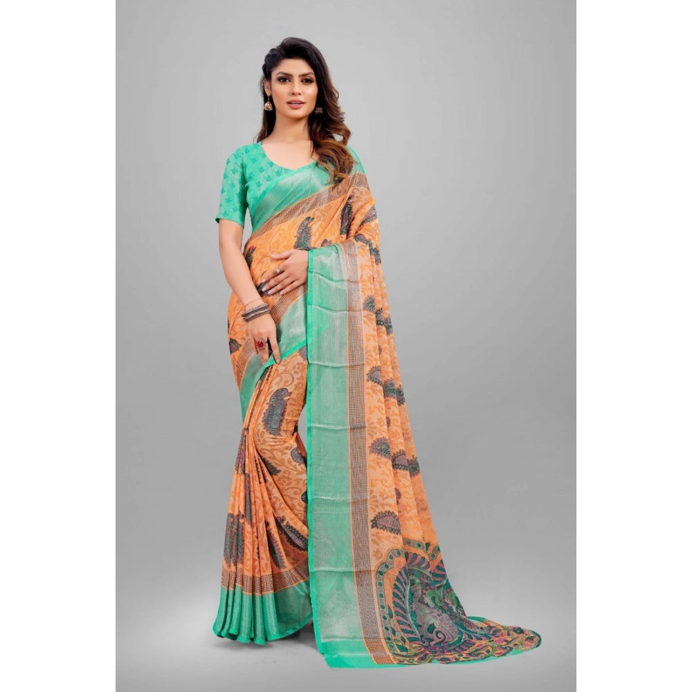 Clasymist Women's Viscose Rayon Printed Saree With Unstitched Blouse (Orange)