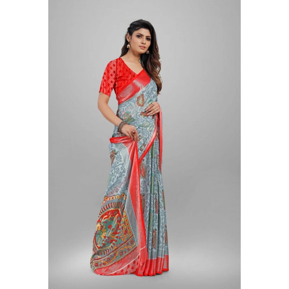 Clasymist Women's Viscose Rayon Printed Saree With Unstitched Blouse (Grey)