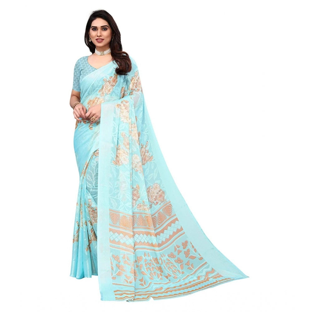 Clasymist Women's Viscose Rayon Printed Saree With Unstitched Blouse (Sky Blue)