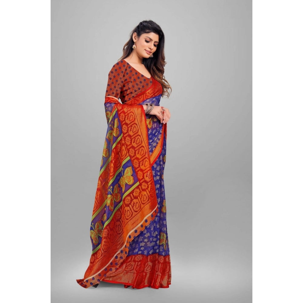 Clasymist Women's Viscose Rayon Printed Saree With Unstitched Blouse (Blue)