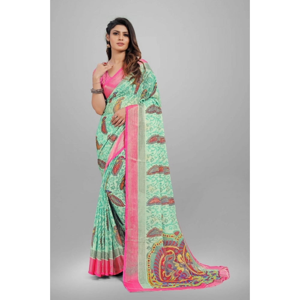 Clasymist Women's Viscose Rayon Printed Saree With Unstitched Blouse (Teal)