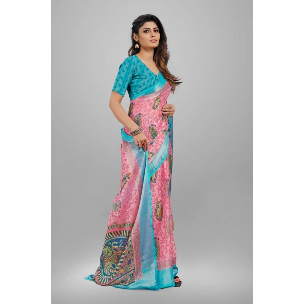 Clasymist Women's Viscose Rayon Printed Saree With Unstitched Blouse (Pink)