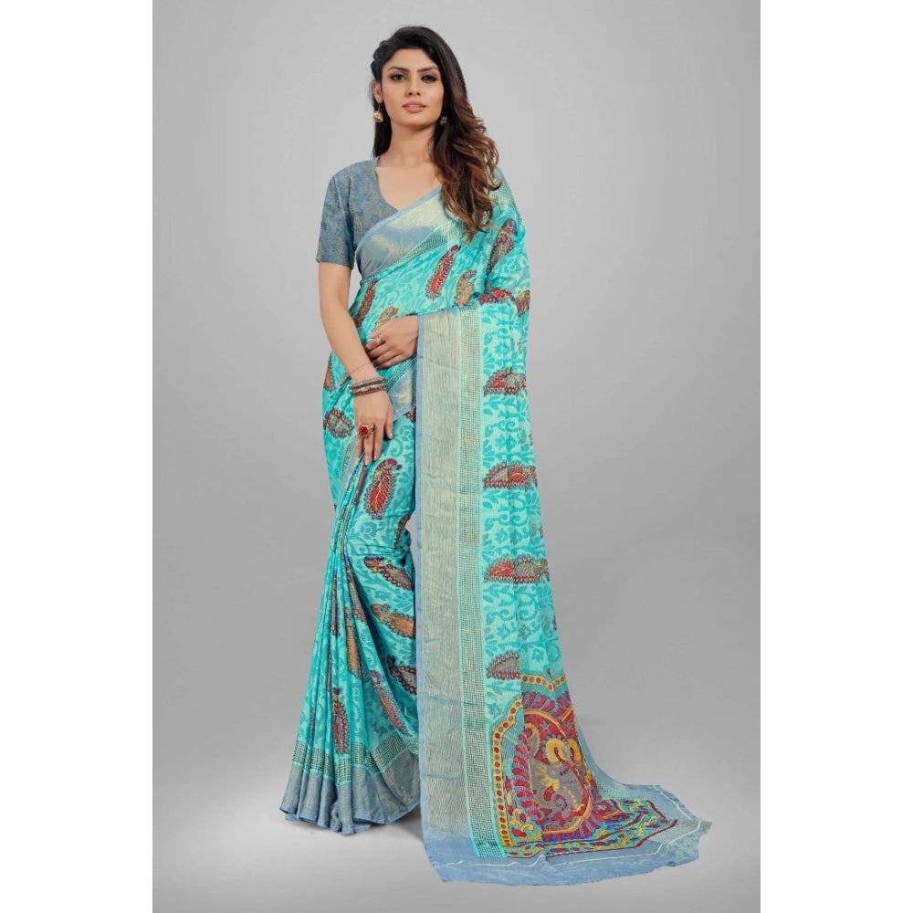 Clasymist Women's Viscose Rayon Printed Saree With Unstitched Blouse (Sky Blue)