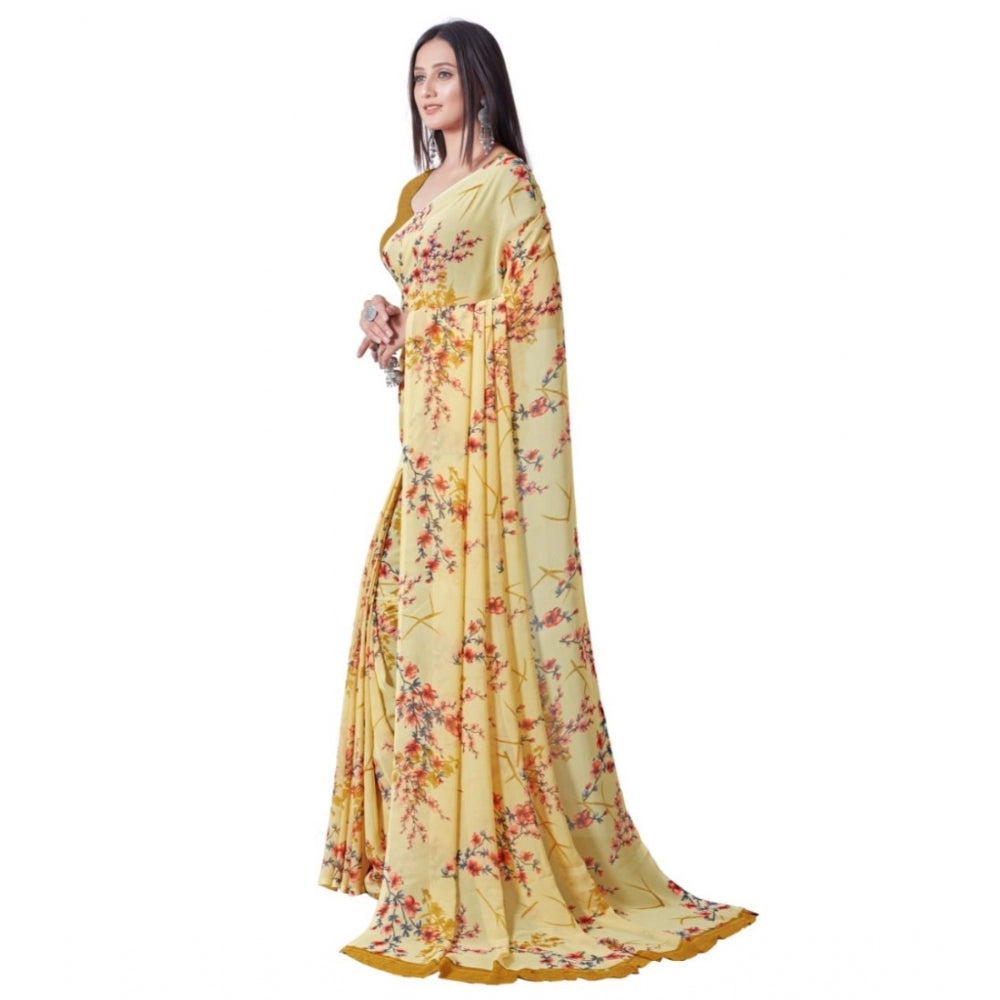 Clasymist Women's Georgette Printed Saree With Unstitched Blouse (Yellow)