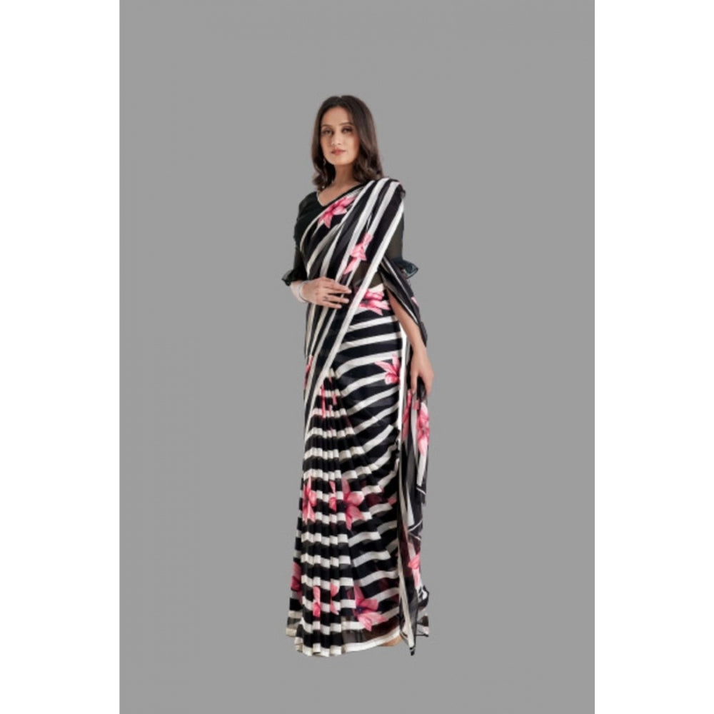 Clasymist Women's Georgette Printed Saree With Unstitched Blouse (Black)