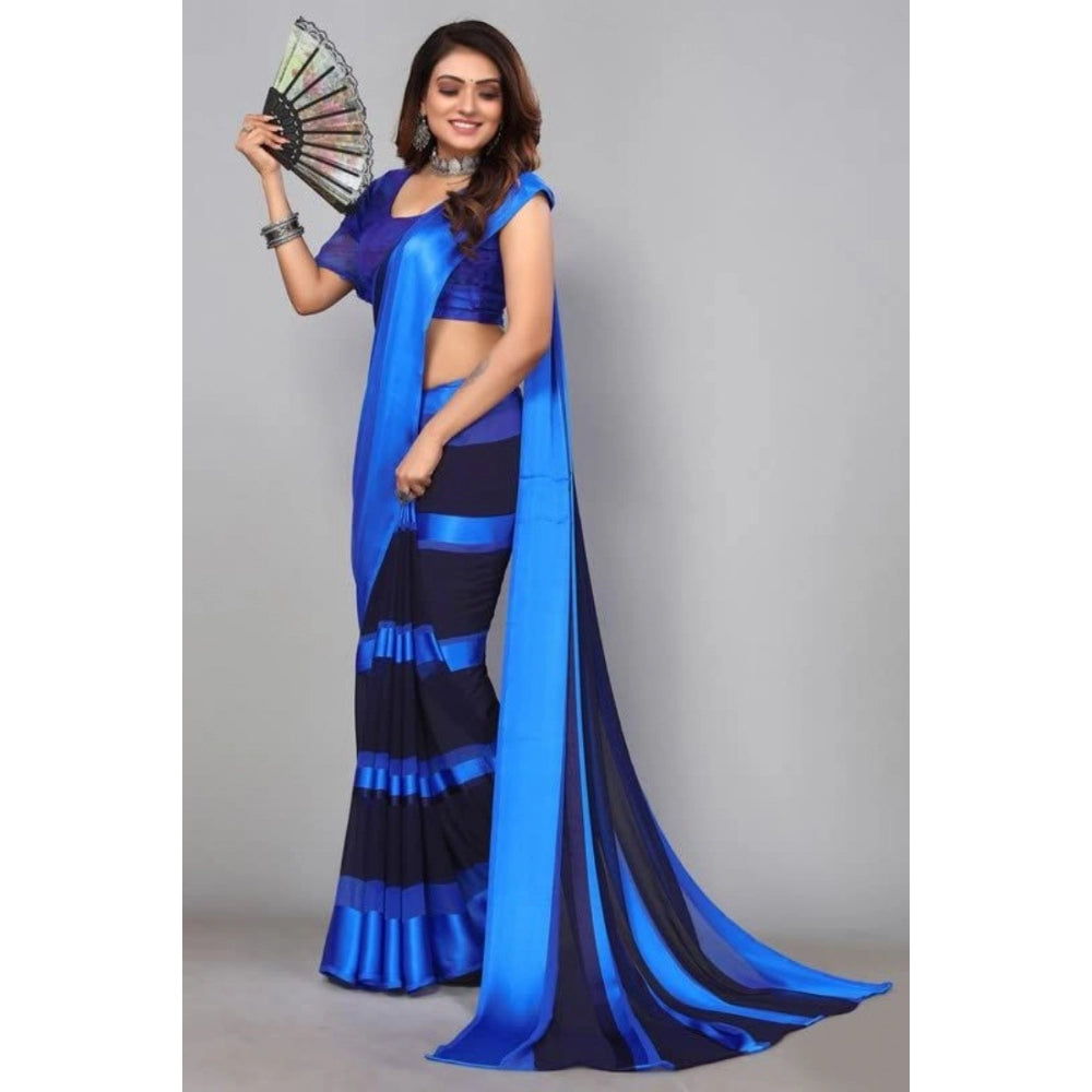 Clasymist Women's Satin Patta Printed Saree With Unstitched Blouse (Skyblue)