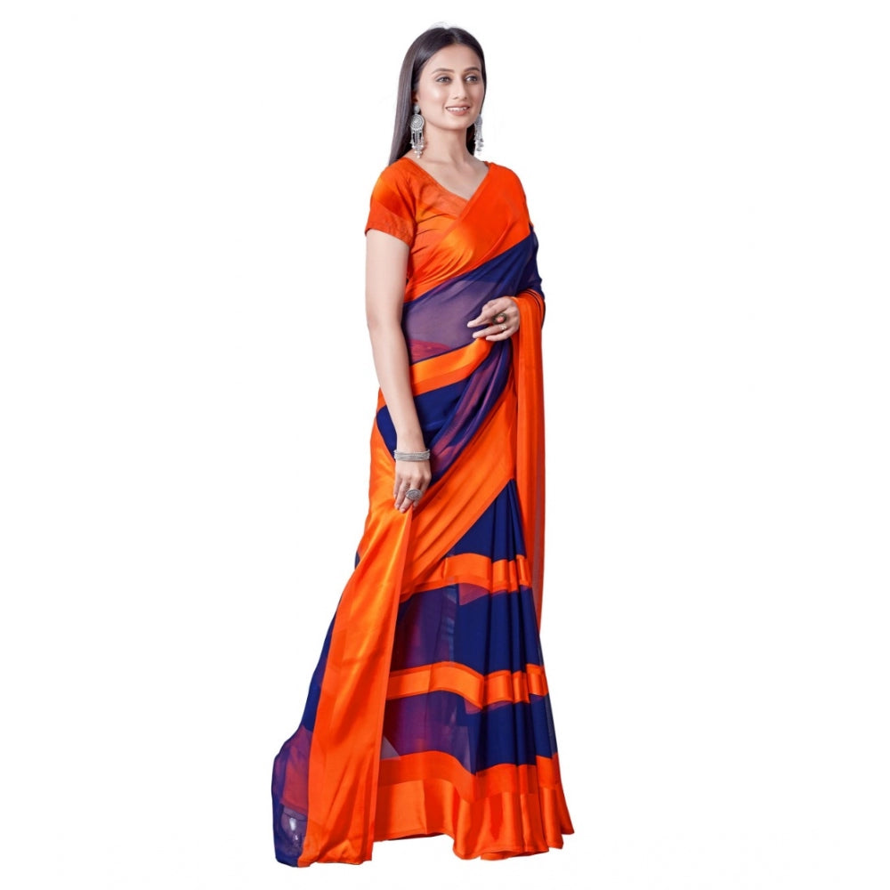 Clasymist Women's Satin Patta Printed Saree With Unstitched Blouse (Orange)