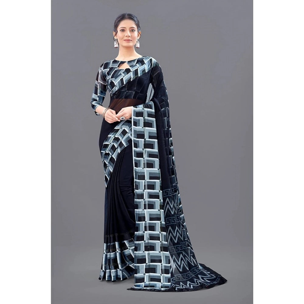 Clasymist Women's Satin Patta Printed Saree With Unstitched Blouse (Black)