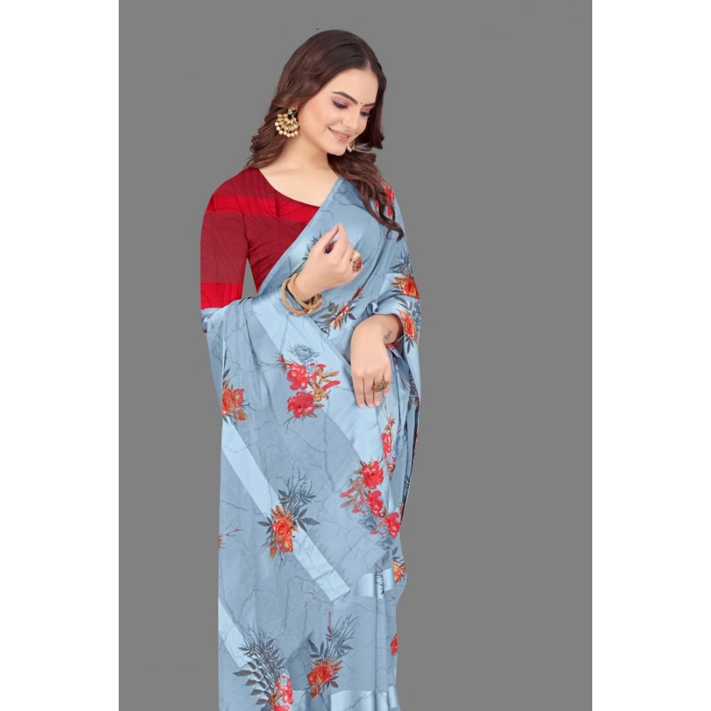 Clasymist Women's Satin Patta Printed Saree With Unstitched Blouse (Grey)