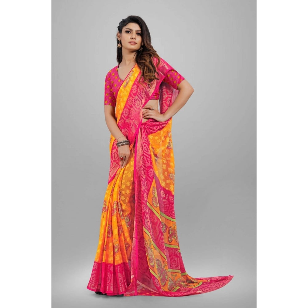 Clasymist Women's Viscose Rayon Printed Saree With Unstitched Blouse (Yellow)