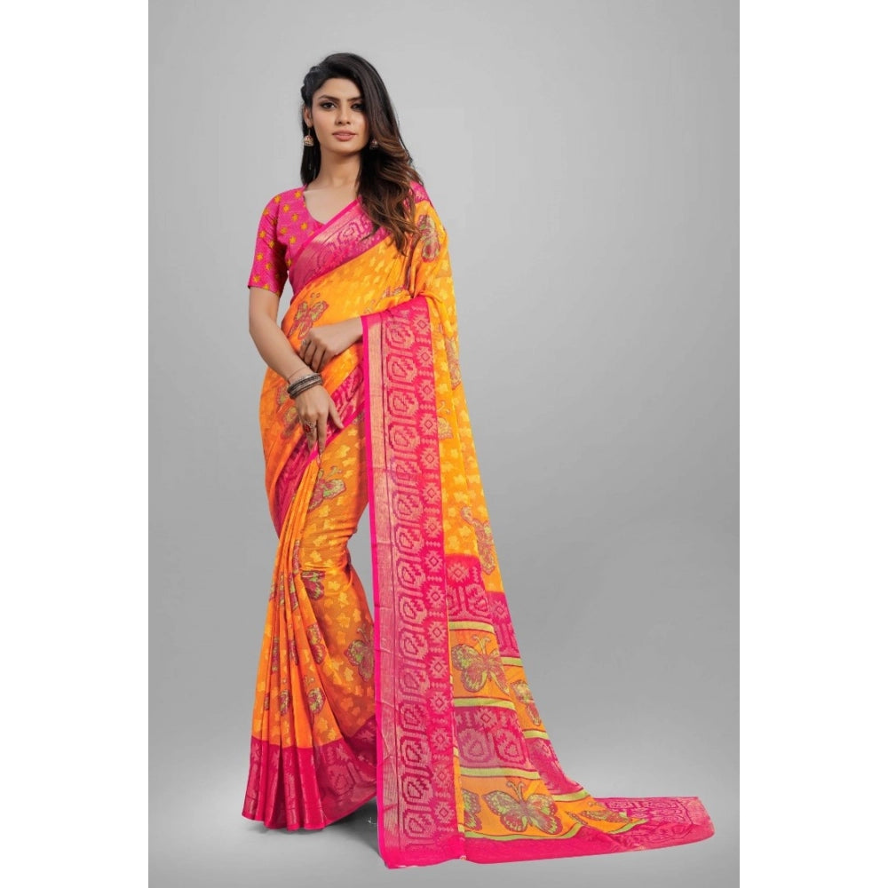 Clasymist Women's Viscose Rayon Printed Saree With Unstitched Blouse (Yellow)