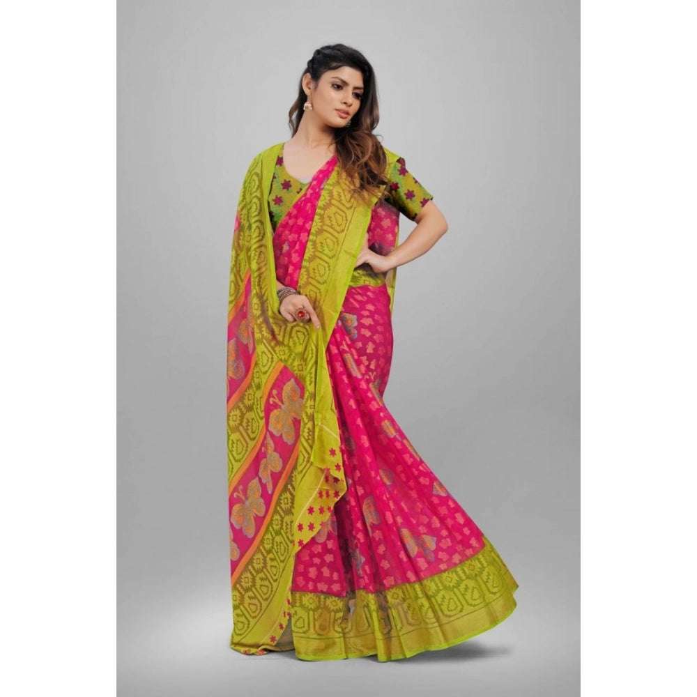 Clasymist Women's Viscose Rayon Printed Saree With Unstitched Blouse (Pink)