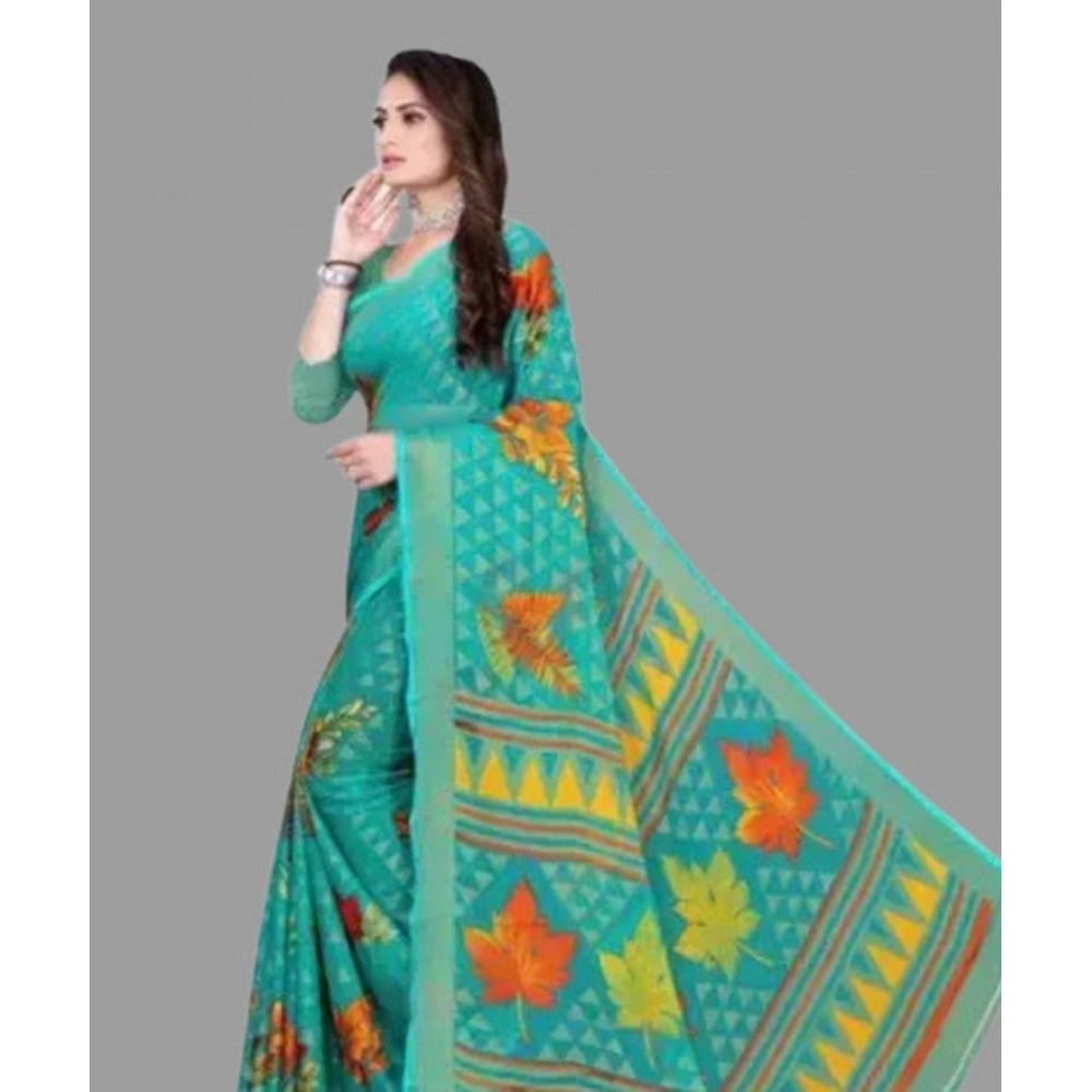 Clasymist Women's Viscose Rayon Printed Saree With Unstitched Blouse (Teal)