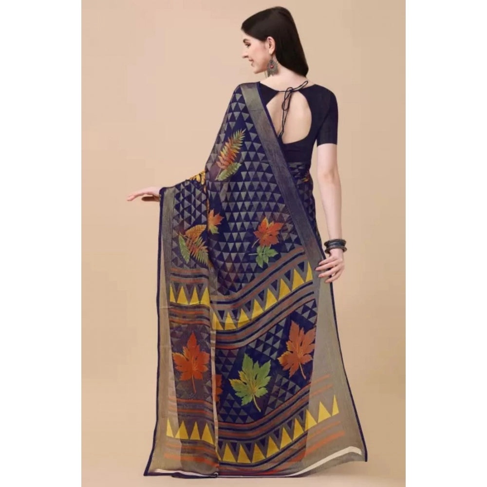 Clasymist Women's Viscose Rayon Printed Saree With Unstitched Blouse (Navy Blue)