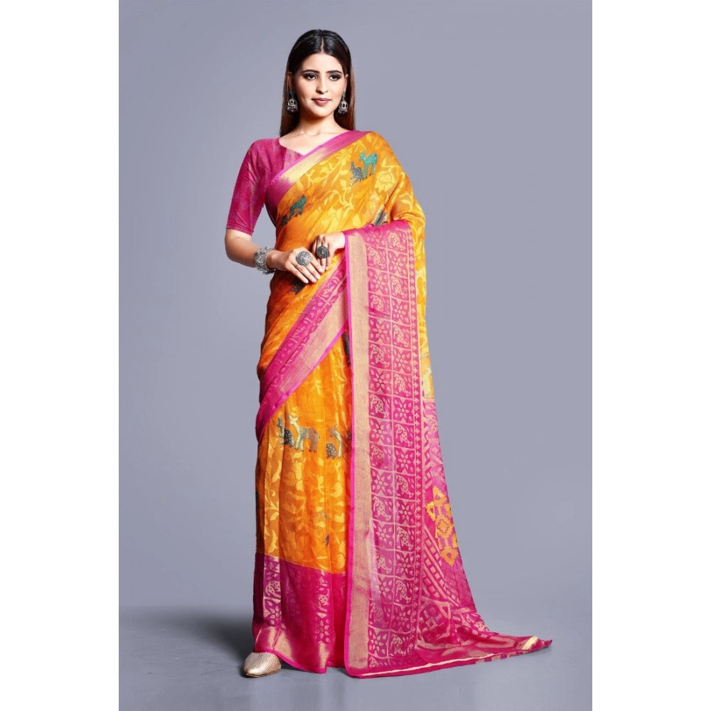 Clasymist Women's Viscose Rayon Printed Saree With Unstitched Blouse (Yellow)