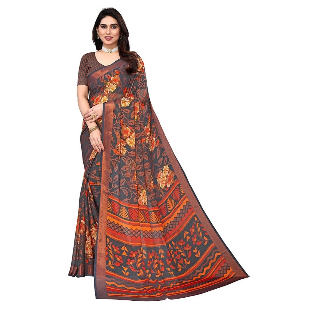 Clasymist Women's Viscose Rayon Printed Saree With Unstitched Blouse (Grey)