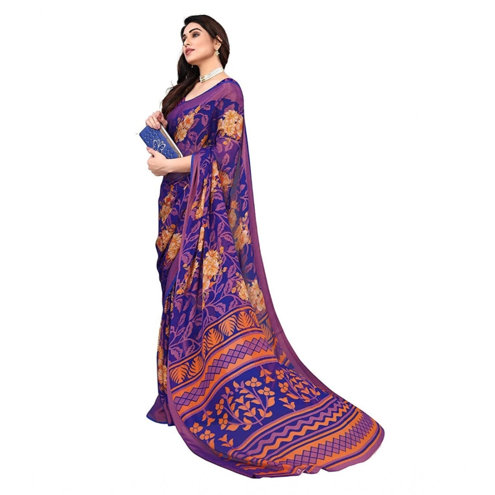 Clasymist Women's Viscose Rayon Printed Saree With Unstitched Blouse (Blue)