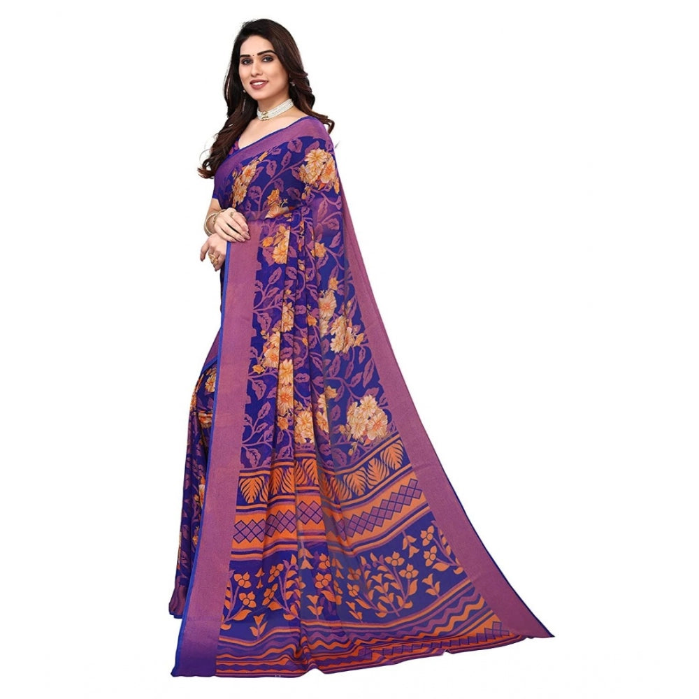 Clasymist Women's Viscose Rayon Printed Saree With Unstitched Blouse (Blue)