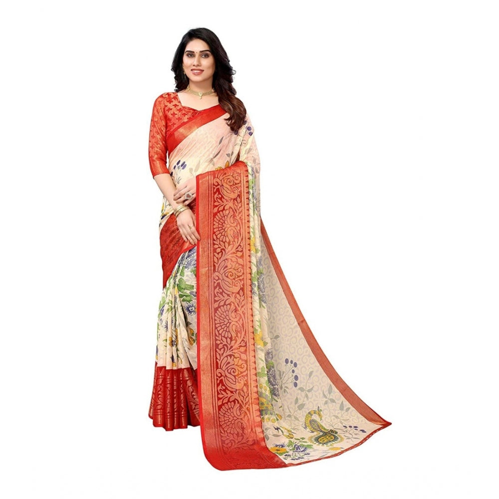 Clasymist Women's Viscose Rayon Printed Saree With Unstitched Blouse (Red)