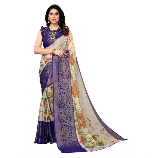 Clasymist Women's Viscose Rayon Printed Saree With Unstitched Blouse (Blue)