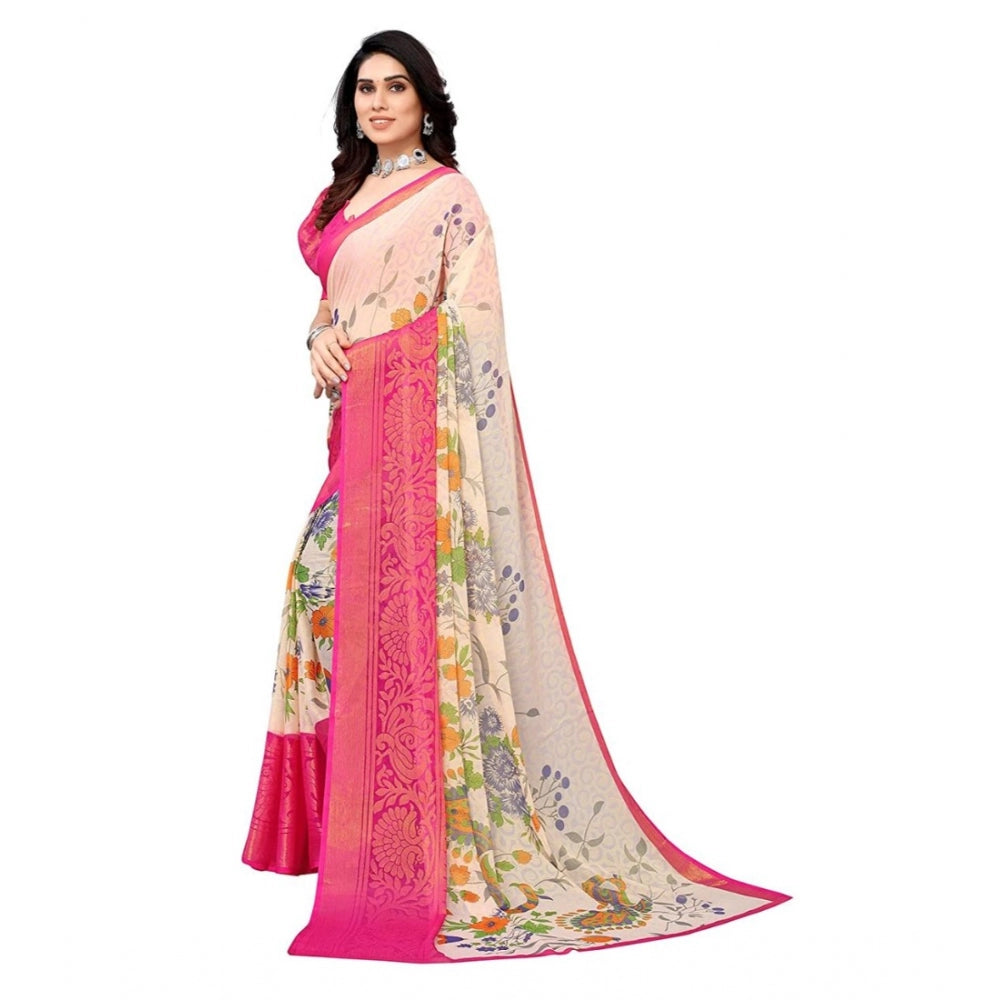 Clasymist Women's Viscose Rayon Printed Saree With Unstitched Blouse (Pink)