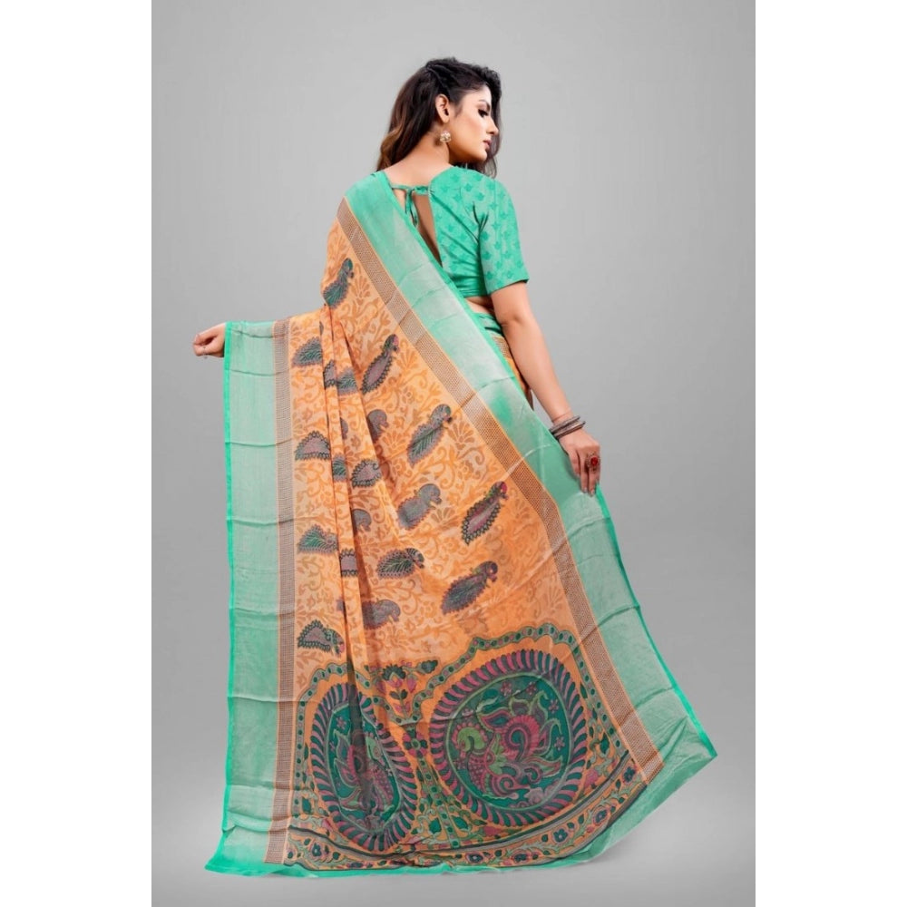 Clasymist Women's Viscose Rayon Printed Saree With Unstitched Blouse (Orange)