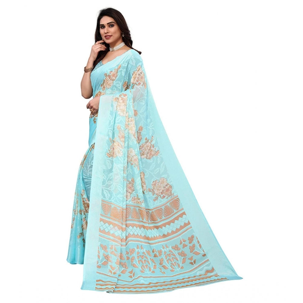 Clasymist Women's Viscose Rayon Printed Saree With Unstitched Blouse (Sky Blue)