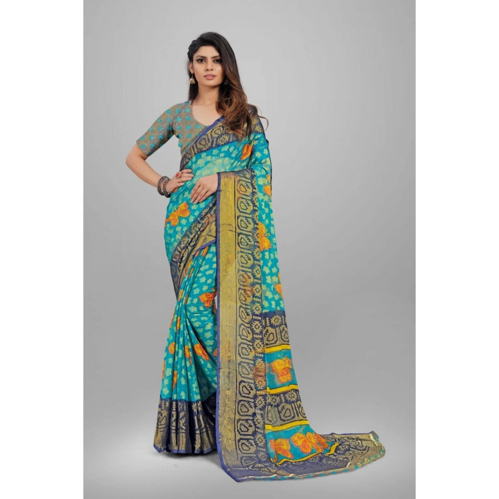 Clasymist Women's Viscose Rayon Printed Saree With Unstitched Blouse (Sky Blue)