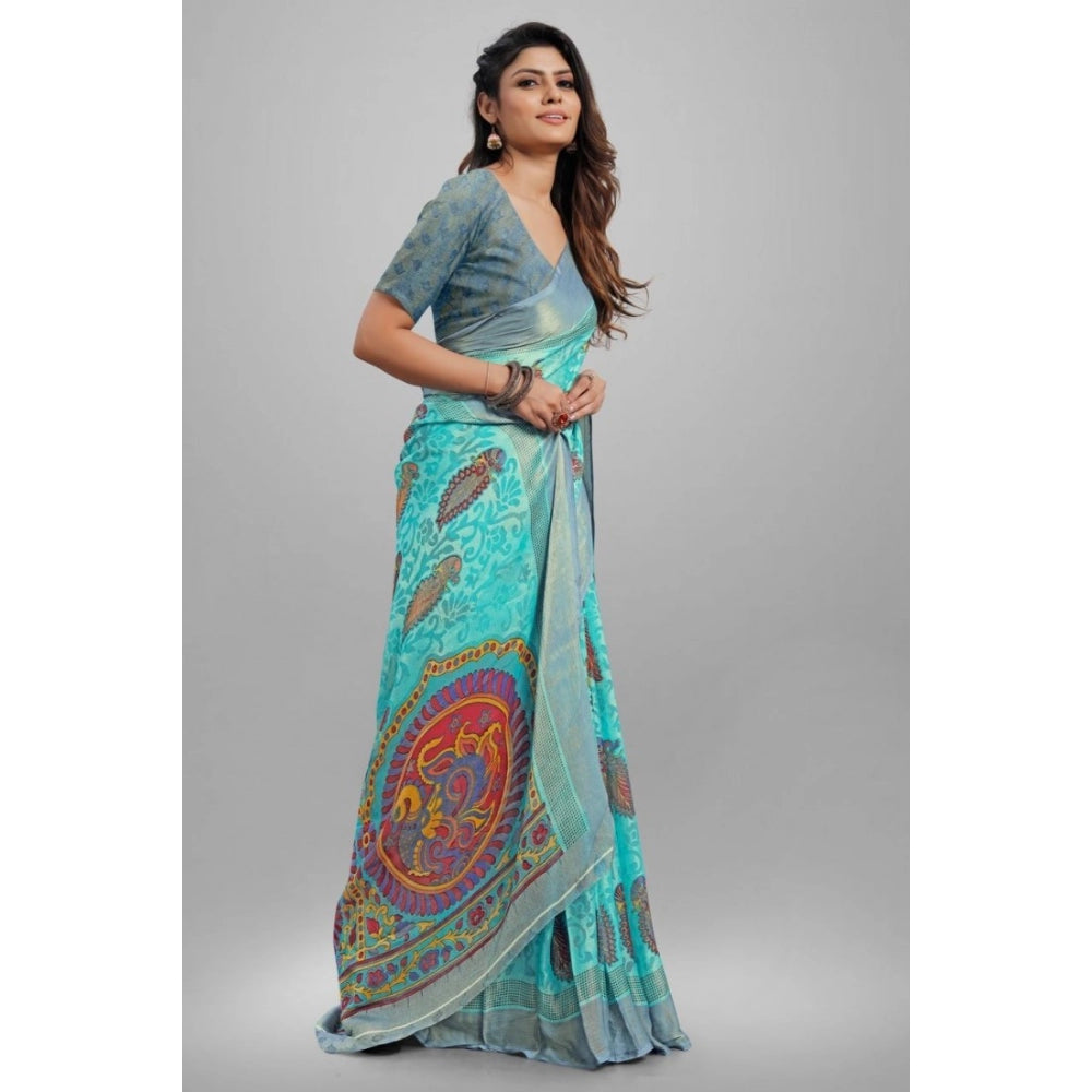 Clasymist Women's Viscose Rayon Printed Saree With Unstitched Blouse (Sky Blue)