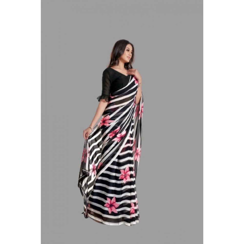 Clasymist Women's Georgette Printed Saree With Unstitched Blouse (Black)